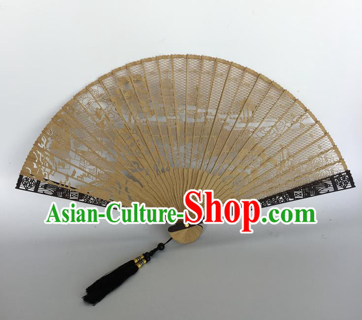 Handmade Chinese Folding Fan Carving Suzhou Gardens Craft Accordion Sandalwood Fan
