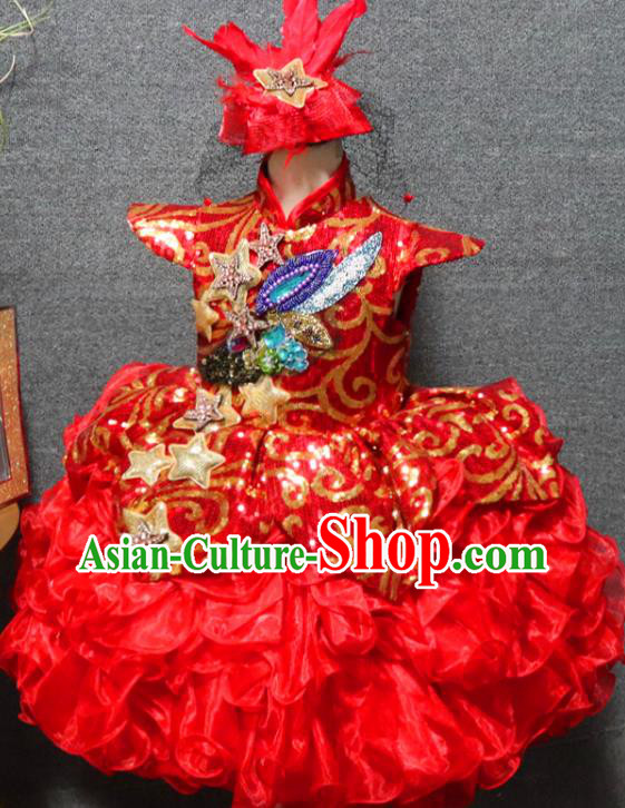 Top Christmas Formal Evening Wear Children Day Performance Clothing Girl Chorus Garment Catwalks Red Sequins Flower Dress