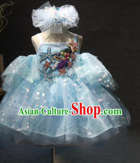 Top Children Stage Show Embroidered Starfish Clothing Girls Compere Formal Evening Wear Girl Catwalks Blue Bubble Dress