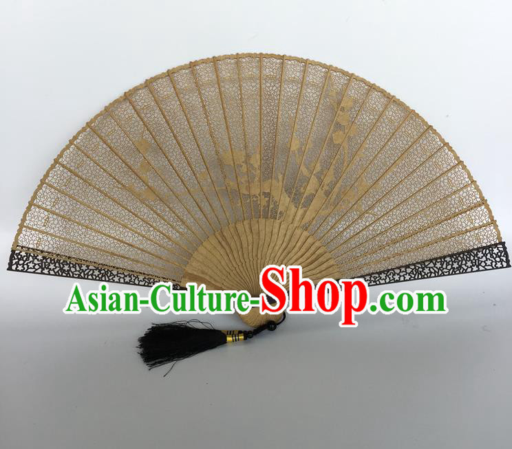 Handmade Chinese Sandalwood Fans Ancient Swordsman Folding Fan Carving Plum Blossom Craft Accordion