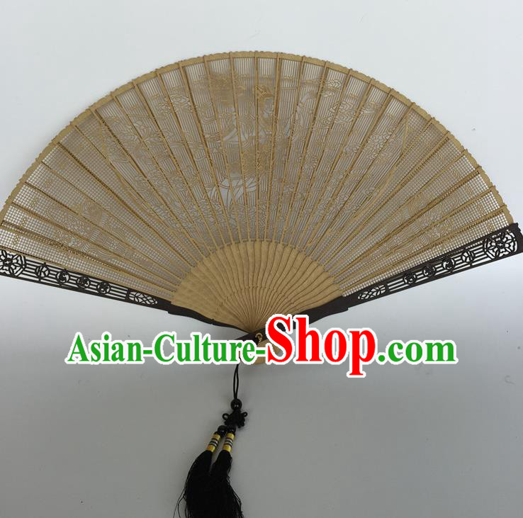Handmade Chinese Carving Flowers Fairy Accordion Craft Fans Sandalwood Folding Fan Ancient Swordsman Fan