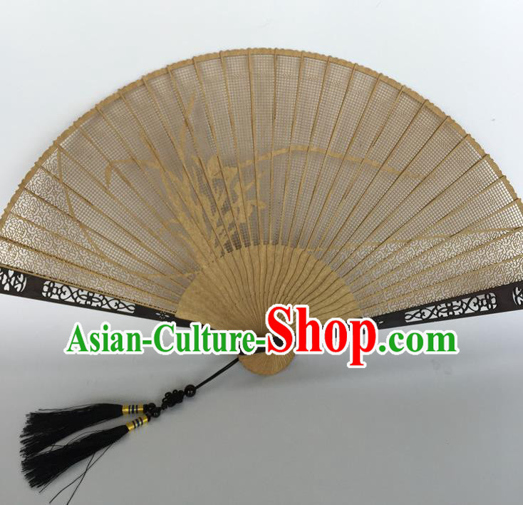Handmade Chinese Craft Fans Sandalwood Folding Fan Ancient Swordsman Fan Carving Orchids Accordion