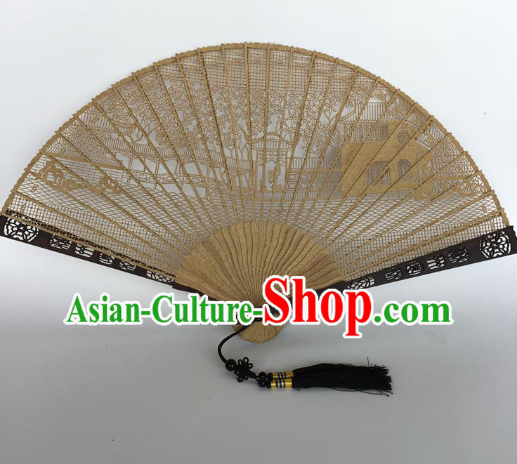 Handmade Chinese Sandalwood Hollow Out Folding Fan Ancient Swordsman Fan Carving Suzhou Garden Accordion Craft Fans