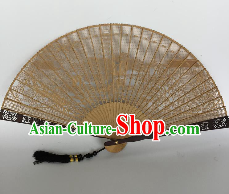 Handmade Chinese Craft Fans Sandalwood Hollow Out Folding Fan Ancient Swordsman Fan Carving Tiger Hill Accordion