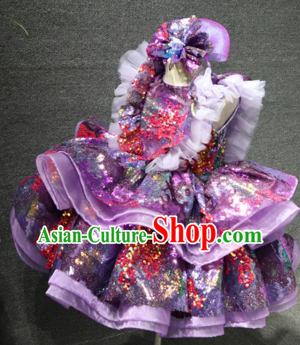 Top Girl Stage Show Garment Catwalks Princess Purple Sequins Dress Christmas Performance Formal Evening Wear Children Day Clothing