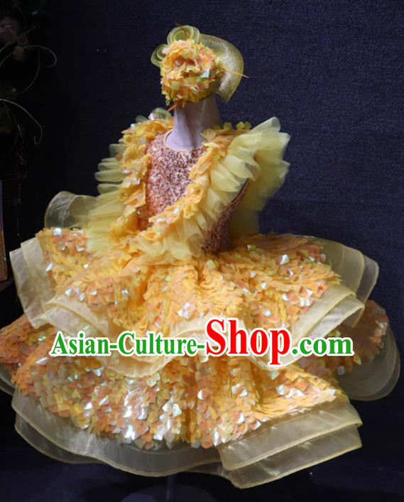 Top Christmas Formal Evening Wear Children Day Stage Show Clothing Girl Performance Garment Catwalks Flowers Princess Yellow Sequins Dress