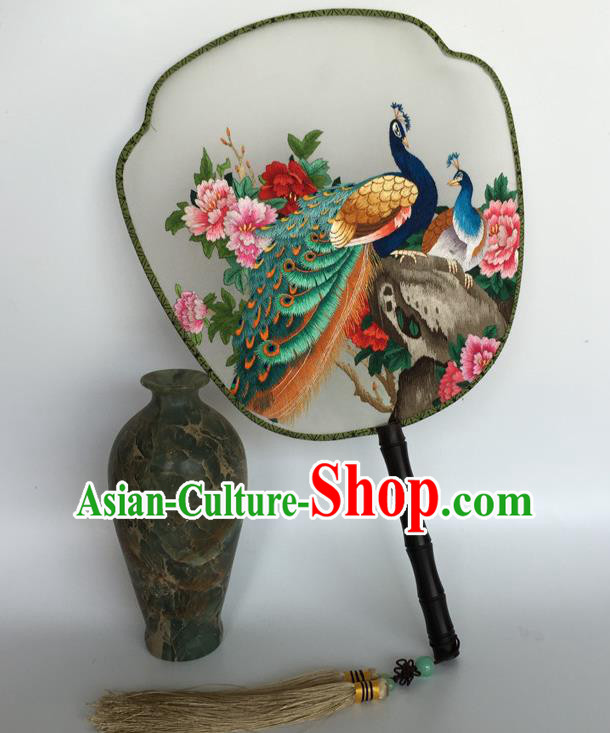 China Handmade Suzhou Embroidery Peacock Peony Palace Fan Ancient Hanfu Fans Traditional Court Dance Fan Vintage Silk Fan