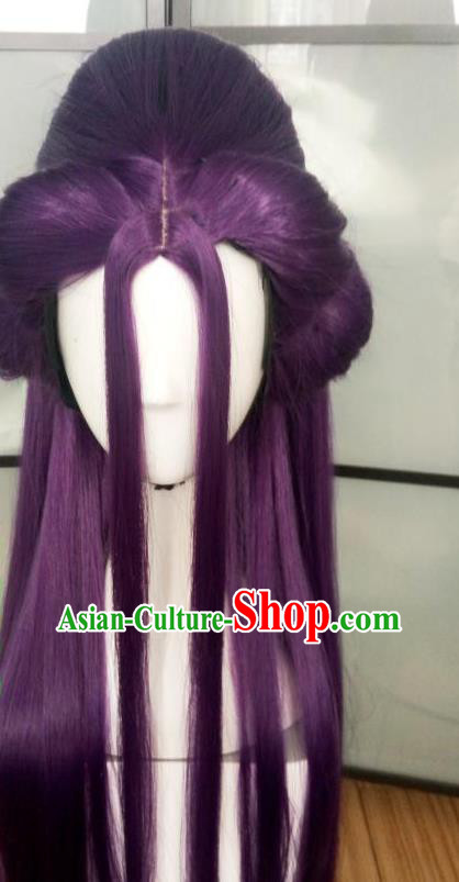 China Ancient Swordswoman Wigs Traditional Drama The Journey of Flower Hua Qiangu Hanfu Chignon Hairpieces Cosplay Goddess Purple Wig Sheath
