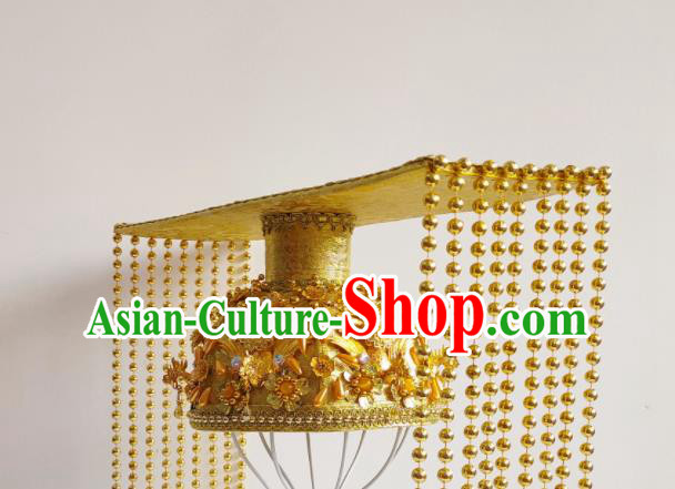Handmade Chinese Tang Dynasty Emperor Hair Crown Ancient King Headwear Drama Traditional Hanfu Golden Tassel Hat