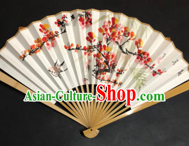 Handmade Chinese Ancient Swordsman Fan Xuan Paper Accordion Craft Fans Ink Painting Plum Blossom Folding Fan
