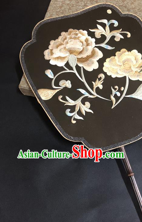 China Ancient Princess Fans Traditional Wedding Fan Vintage Embroidered Peony Palace Fan Handmade Black Silk Fan