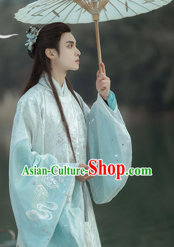 China Traditional Ming Dynasty Prince Blue Hanfu Robe Clothing Ancient Noble Childe Historical Garment Costume for Men