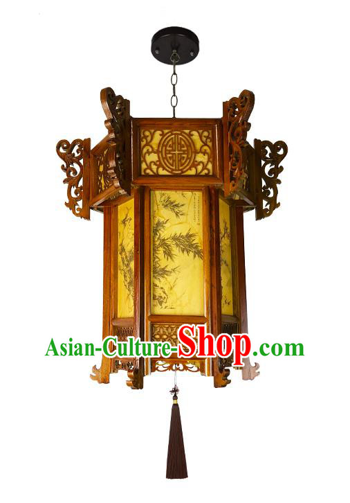 China Wood Carving Lamp Traditional Festival Hanging Lantern Classical Lanterns Handmade Hexagon Palace Lantern