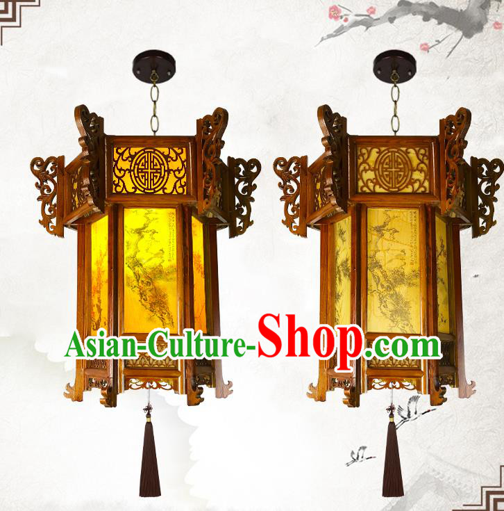 China Wood Carving Lamp Traditional Festival Hanging Lantern Classical Lanterns Handmade Hexagon Palace Lantern