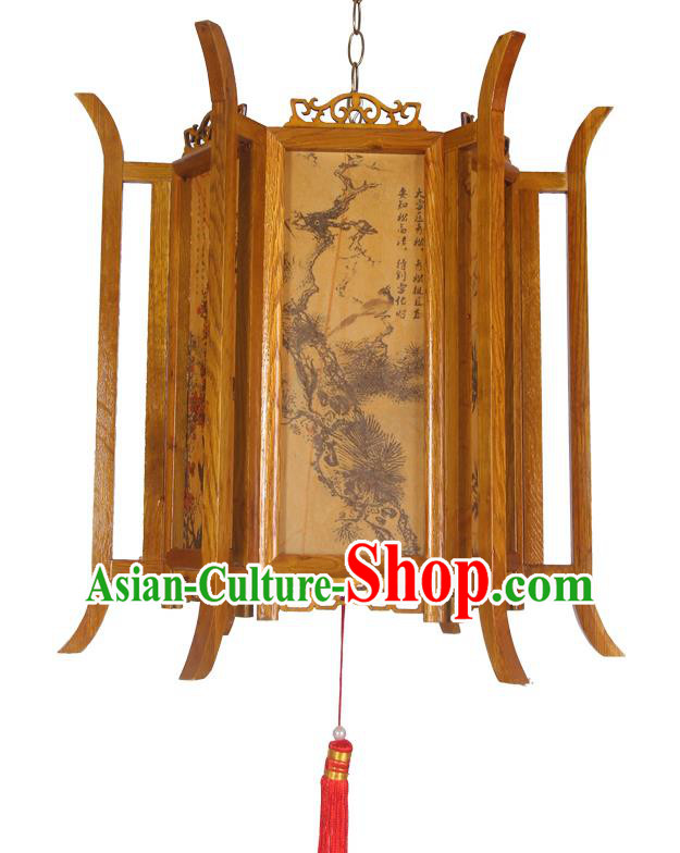 China Handmade Hexagon Palace Lantern Wood Lamp Traditional Festival Hanging Lantern Classical Painting Landscape Lanterns