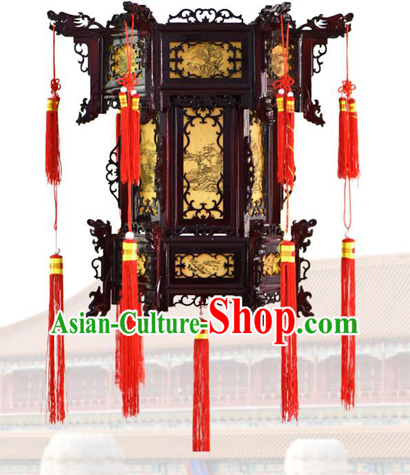 China Drama Hanging Lantern Classical Wood Carving Lanterns Handmade Hexagon Palace Lantern Traditional Court Light Lamp