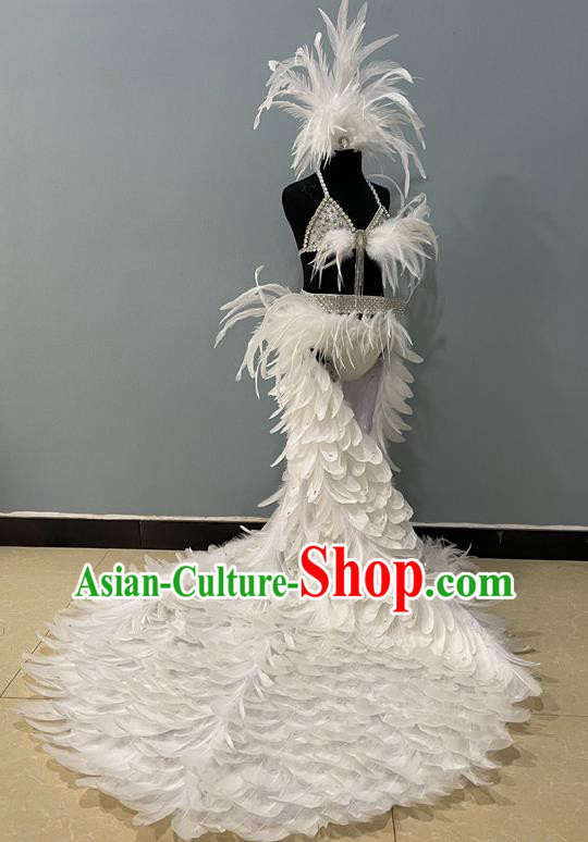 Brazilian Carnival Costumes Professional Children Catwalks Clothing Girl Swimsuit White Feather Trailing Dress and Headpiece