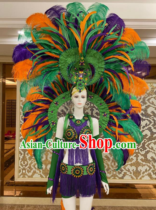 Brazilian Carnival Props Professional Samba Dance Clothing Miami Deluxe Green Feathers Wings and Headdress