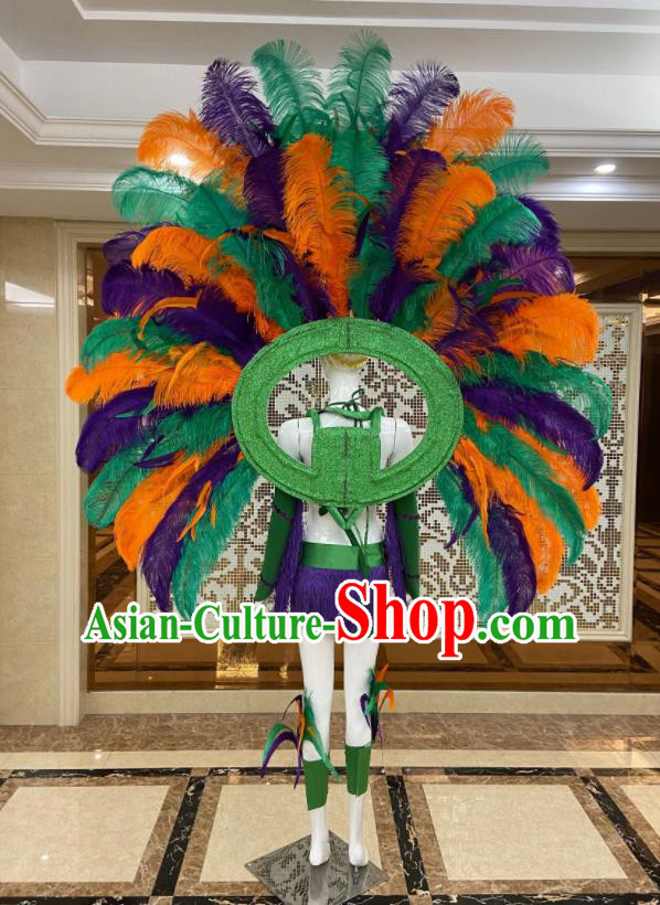 Brazilian Carnival Props Professional Samba Dance Clothing Miami Deluxe Green Feathers Wings and Headdress
