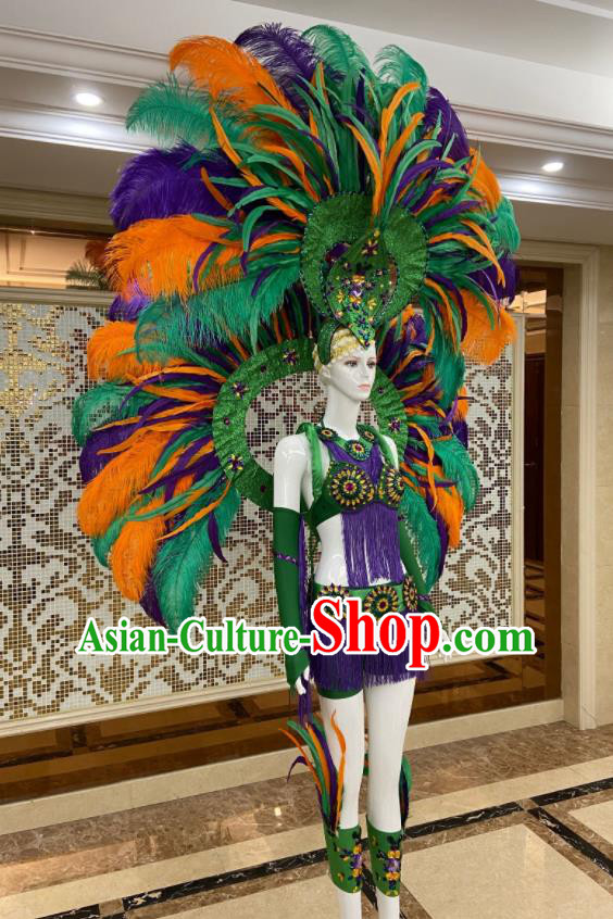 Brazilian Carnival Props Professional Samba Dance Clothing Miami Deluxe Green Feathers Wings and Headdress