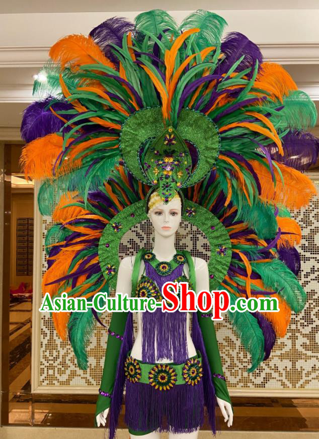 Brazilian Carnival Props Professional Samba Dance Clothing Miami Deluxe Green Feathers Wings and Headdress