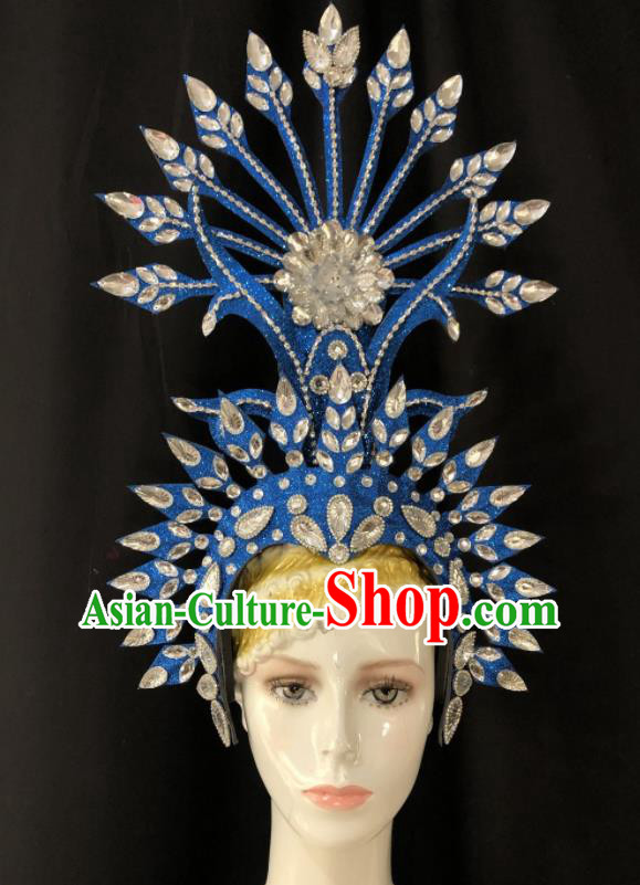 Handmade Halloween Deluxe Blue Hat Brazil Carnival Giant Headpiece Samba Dance Royal Crown Stage Show Hair Accessories