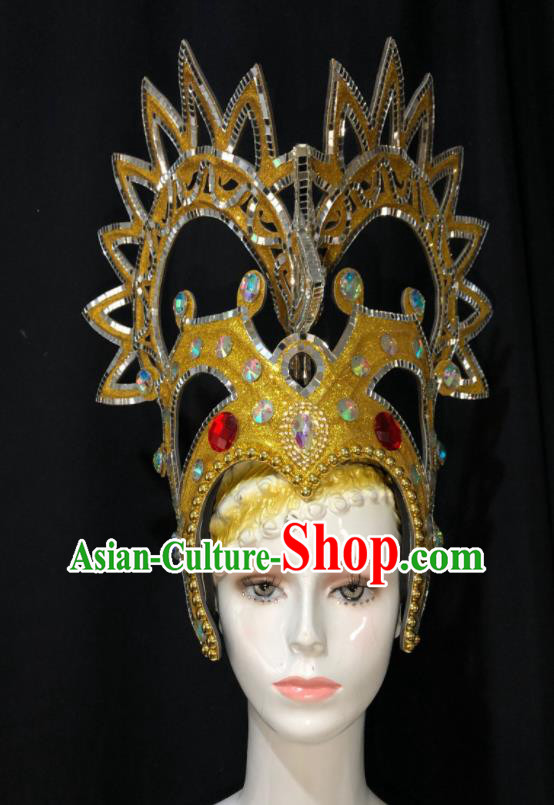 Handmade Brazil Carnival Deluxe Headpiece Samba Dance Golden Royal Crown Halloween Performance Hair Accessories Cosplay Queen Giant Hat