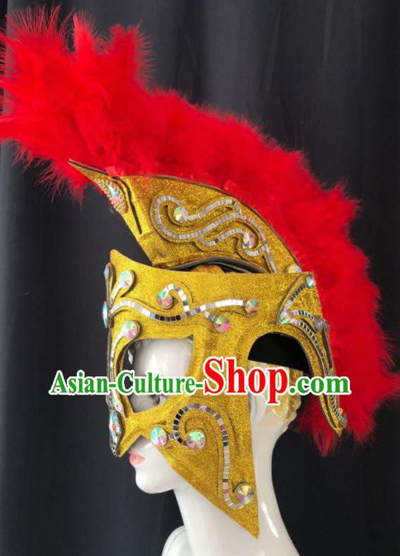 Professional Cosplay Warrior Red Feather Helmet Easter Hair Decorations Stage Performance Golden Hat Halloween Rome Knight Headdress