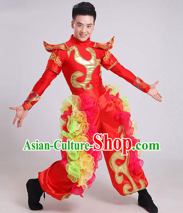 China New Year Fan Dance Garment Costumes Folk Dance Outfits Drum Dance Red Uniforms Male Yangko Dance Clothing