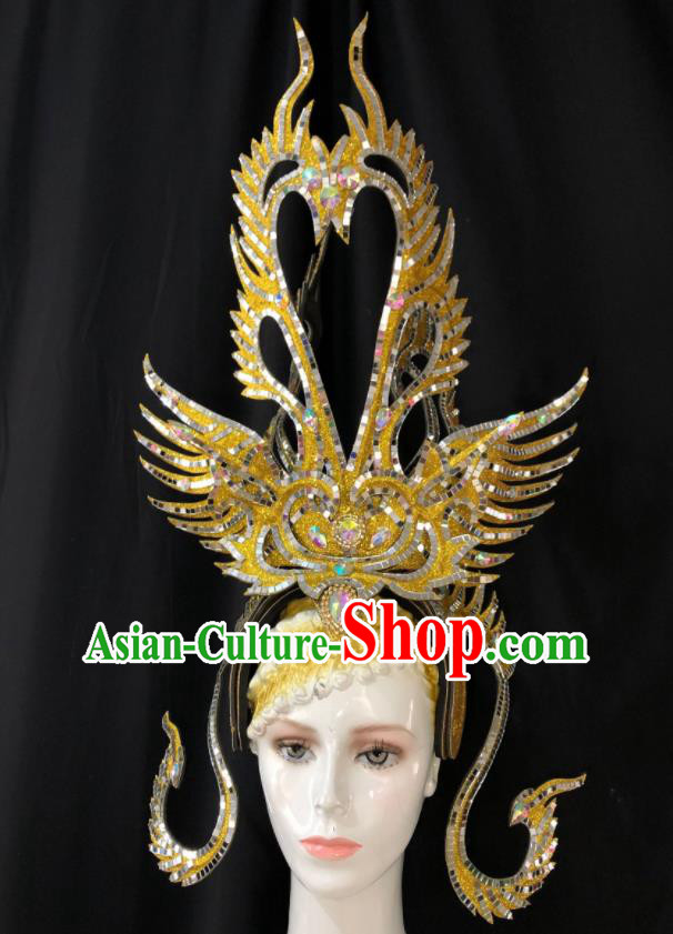 Handmade Samba Dance Royal Crown Halloween Hair Accessories Cosplay Queen Giant Golden Phoenix Coronet Brazil Carnival Deluxe Headpiece