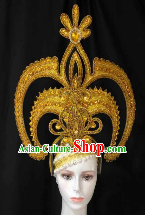 Handmade Halloween Stage Show Golden Phoenix Coronet Brazil Parade Giant Headpiece Rio Carnival Royal Crown Deluxe Queen Hair Accessories