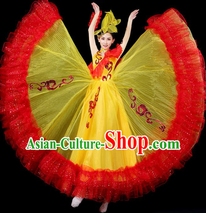 Professional Woman Modern Dance Clothing Spanish Dance Fashion Garment Opening Dance Performance Yellow Dress