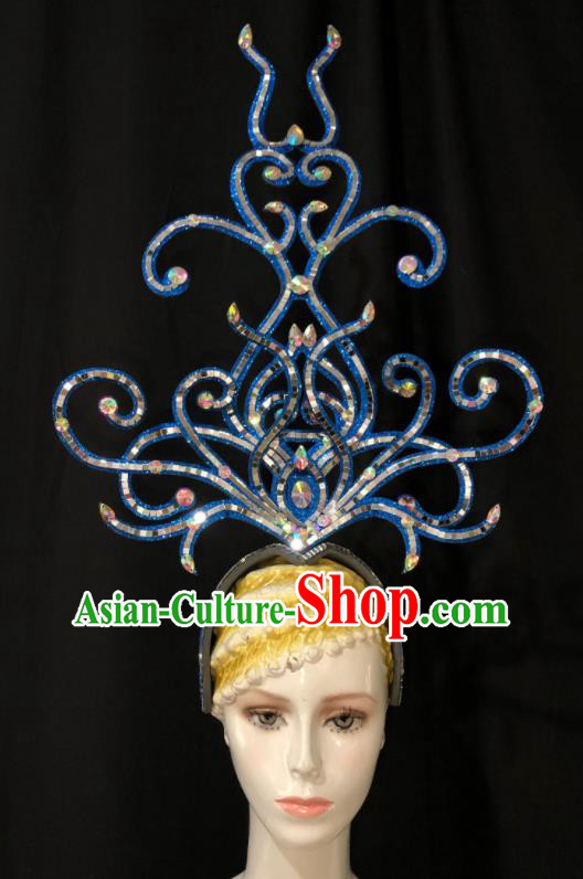 Handmade Cosplay Show Giant Hair Clasp Brazil Carnival Deluxe Headpiece Samba Dance Blue Royal Crown Halloween Hair Accessories