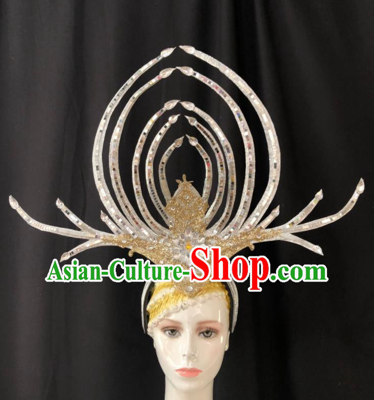 Handmade Brazil Carnival Headdress Samba Dance Deluxe Hair Accessories Easter Parade Headpiece Halloween Cosplay Giant Argent Royal Crown