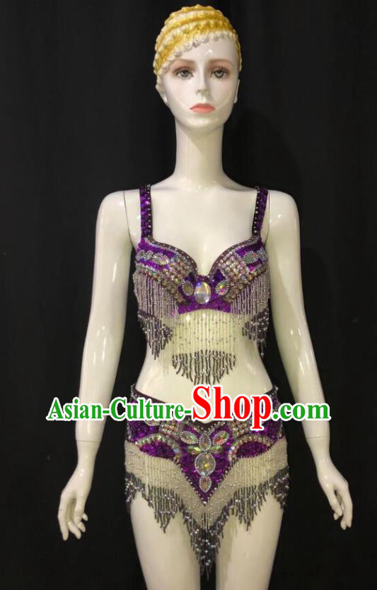 Custom Woman Purple Swimsuits Samba Dance Uniforms Brazilian Carnival Costumes Opening Party Catwalks Clothing