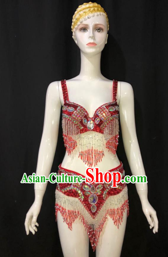 Custom Woman Catwalks Swimwear Samba Dance Red Uniforms Brazilian Carnival Parade Costumes Opening Performance Clothing