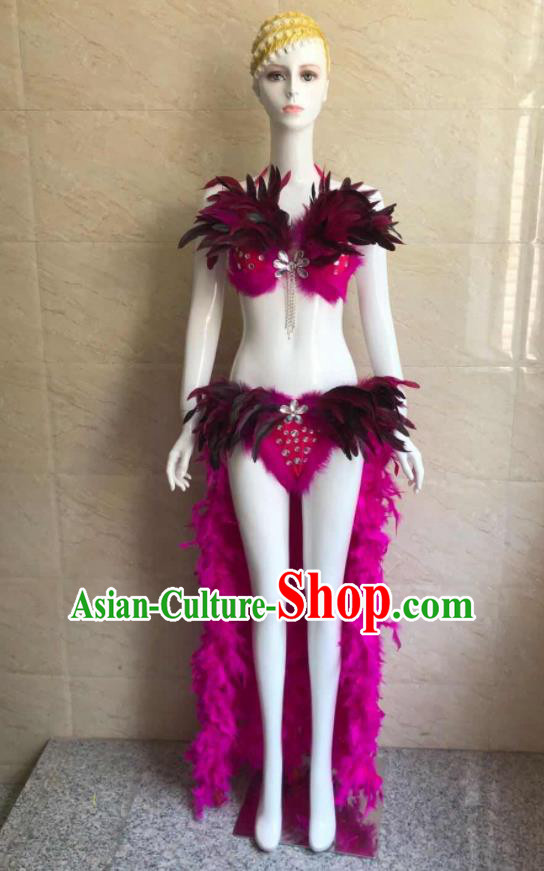 Custom Woman Catwalks Rosy Feather Swimwear Samba Dance Costumes Brazilian Carnival Uniforms Party Show Clothing