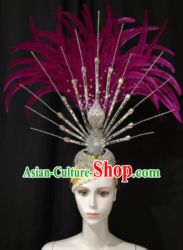 Handmade Samba Dance Hair Accessories Rio Carnival Purple Feather Headwear Stage Show Royal Crown Halloween Cosplay Giant Headpiece