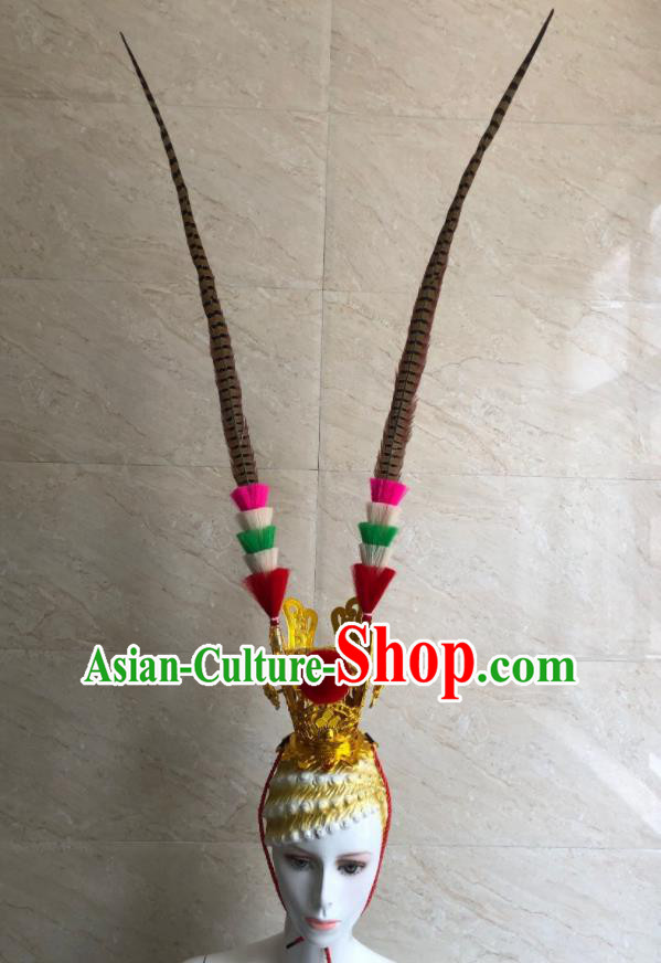 Handmade Opera Giant Headpiece Stage Performance Hair Accessories Drama Feather Headwear Halloween Cosplay Handsome Monkey King Hair Crown