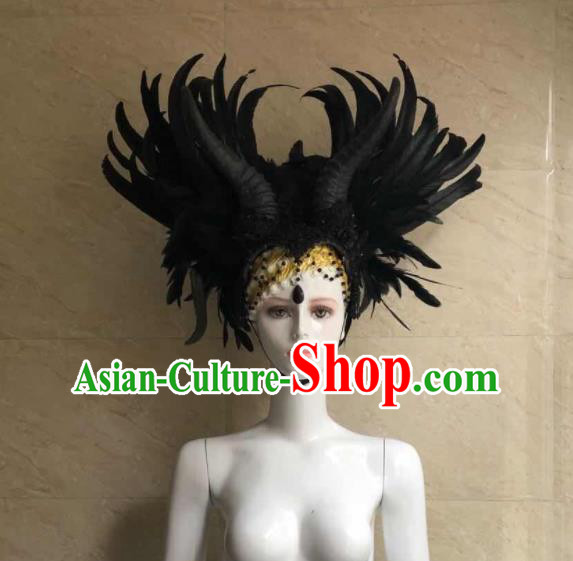 Handmade Black Angel Feathers Royal Crown Halloween Cosplay Hair Accessories Samba Dance Headpiece Rio Carnival Headdress