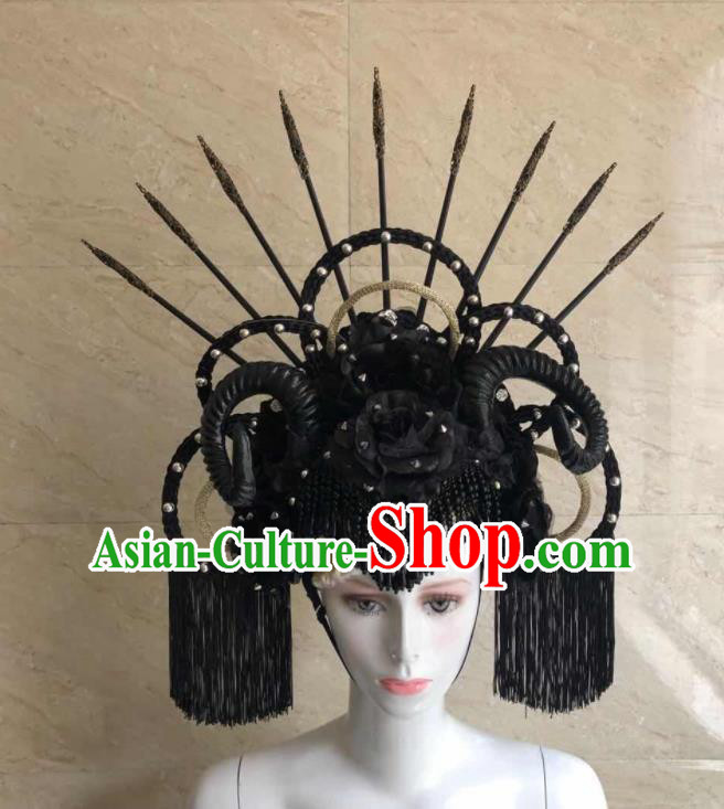 Handmade Rio Carnival Headdress Black Tassel Royal Crown Halloween Cosplay Hair Accessories Opening Dance Headpiece