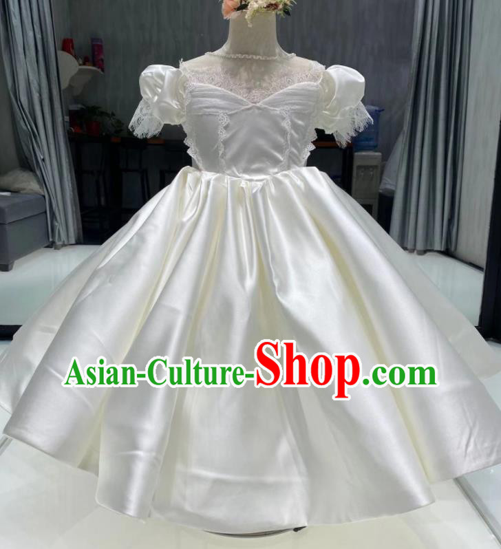 Top Children Stage Performance White Satin Full Dress Catwalks Show Clothing Girl Compere Evening Garment