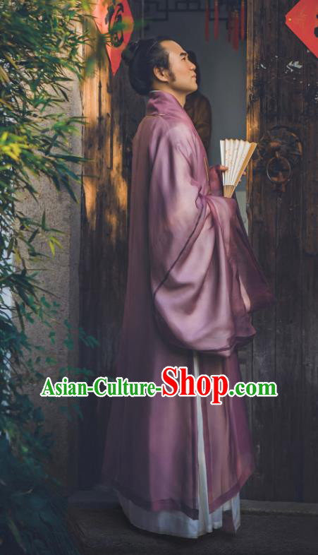 China Traditional Hanfu Cloak Garment Ancient Ming Dynasty Young Male Historical Clothing Purple Silk Mantle