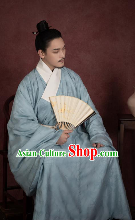China Ancient Taoist Blue Hanfu Robe Traditional Ming Dynasty Male Scholar Historical Clothing
