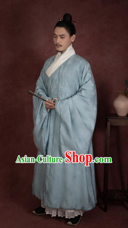 China Ancient Taoist Blue Hanfu Robe Traditional Ming Dynasty Male Scholar Historical Clothing