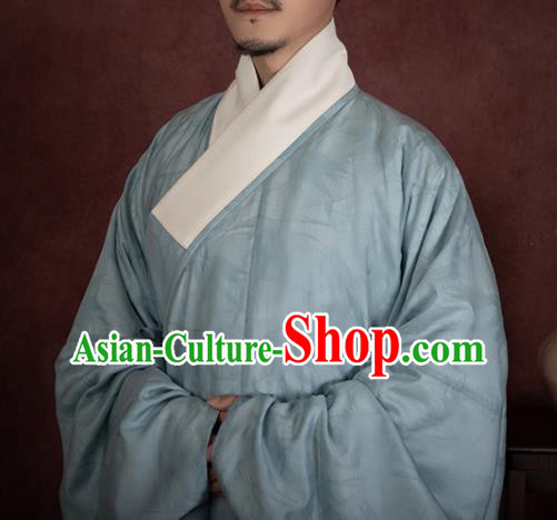 China Ancient Taoist Blue Hanfu Robe Traditional Ming Dynasty Male Scholar Historical Clothing