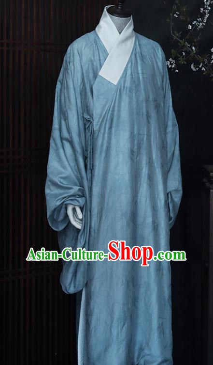 China Ancient Taoist Blue Hanfu Robe Traditional Ming Dynasty Male Scholar Historical Clothing