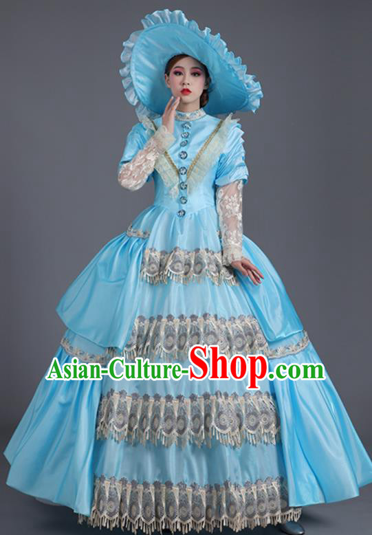 Custom Drama Performance Fashion European Royal Princess Clothing Western Stage Blue Full Dress Europe Vintage Garment Costume
