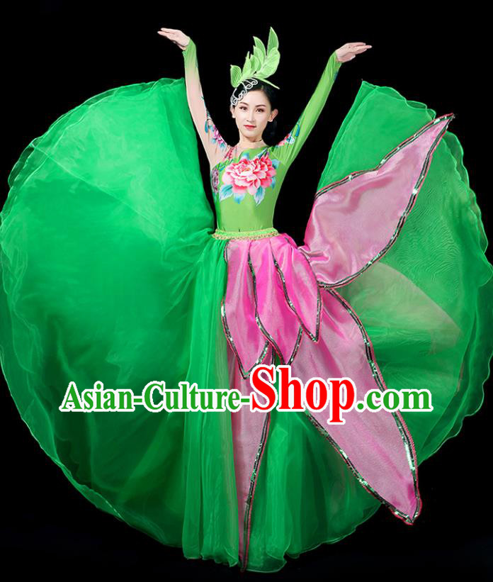 Professional China Woman Modern Dance Fashion Lotus Dance Garment Clothing Spring Festival Gala Opening Dance Green Dress