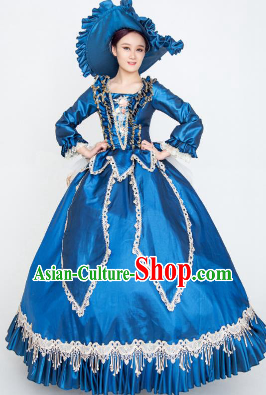 Custom Europe Medieval Age Clothing Vintage Full Dress Western Court Fashion European Noble Woman Blue Satin Dress